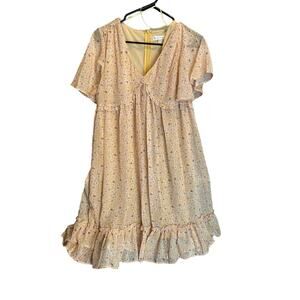 Pink Blush Yellow Ruffle Mini Dress Fully Lined Girly Cottagecore